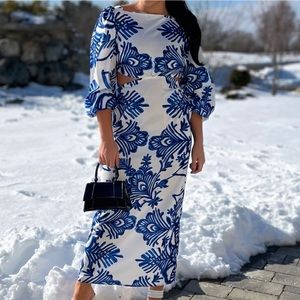 Floral Print Lantern Sleeve Cut Out Tie Back Dress (M)